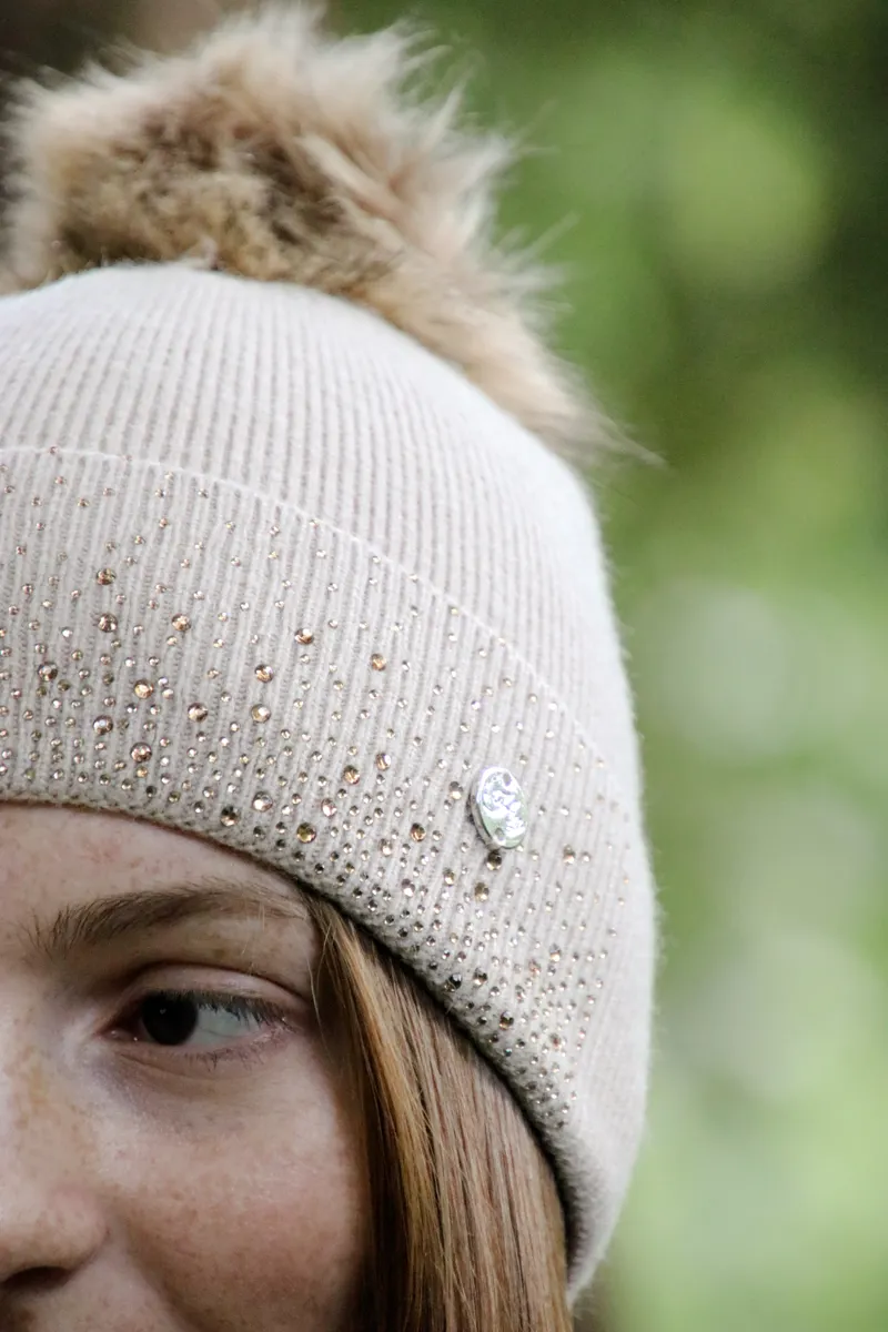 Hy Equestrian Alaska Diamante Bobble Hat - Beige/Gold-4